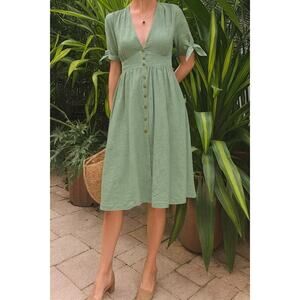 &Merci Sage Green Linen Midi Button Front Peasant Dress Large Fit Flare Casual